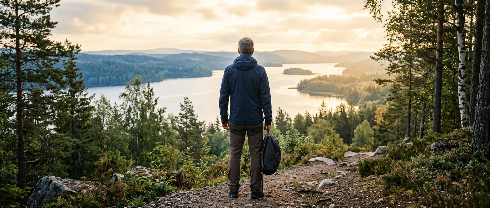 Man i aktiv livsstil i skandinavisk natur - stöd för mäns välbefinnande